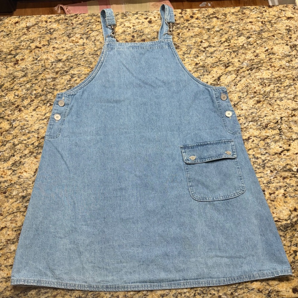 Vintage Blue Denim Pinafore Dress Womens 16 Light Wash Overall Mini Made in USA